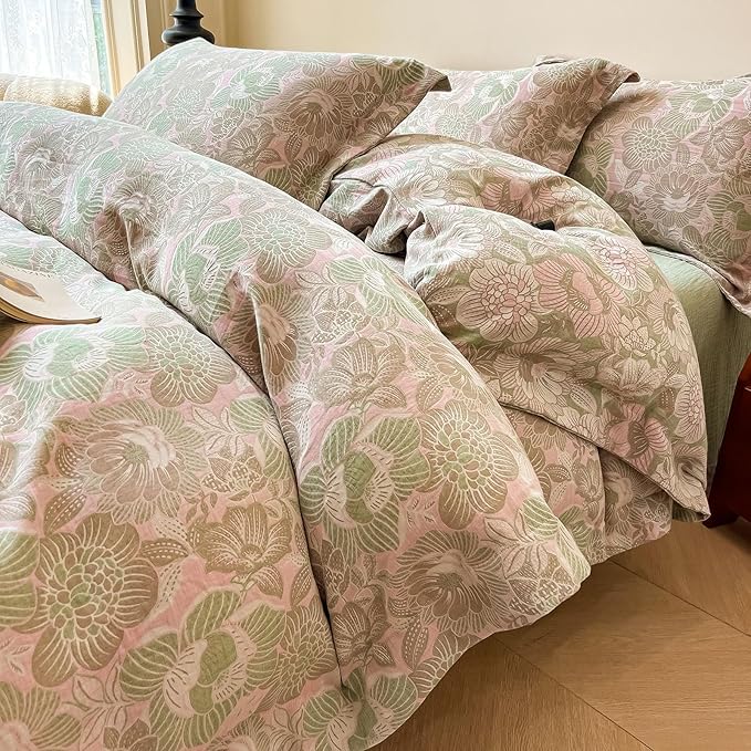 EAVD Vintage Style Pink Floral Duvet Cover Queen Soft 100% Cotton Muslin Yarn-Dyed Jacquard Textured Duvet Cover with Zipper Closure Linen Like Gauze Floral Bedding Set with 2 Pillowcases