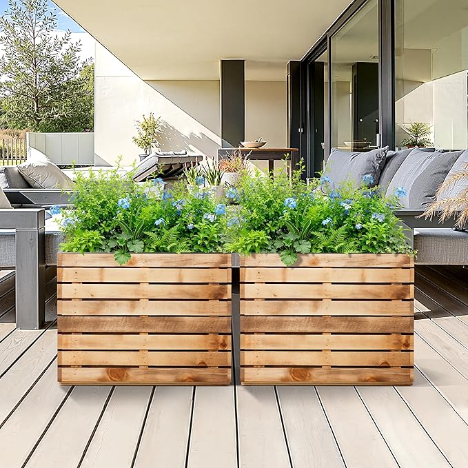 Metal Planter Box Rectangular Planter Box with Drainage Hole, Outdoor Large Planters, All-Weather Use, Rust-Resistance, for Flowers Plants, 29.9" L × 12" W × 24" H, Dark Walnut
