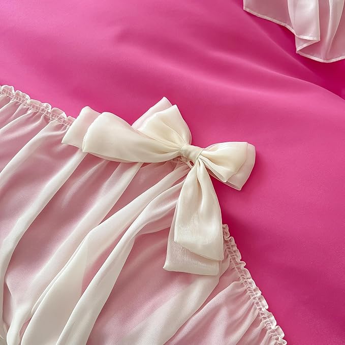 Girls Lace Bedding,Queen Comforter Cover Set, Chic Ruffled Duvet Cover with Lovely Bow,Princess Style 1 Duvet Cover with 1 Pillowcases, No Comforter-Hot Pink,Twin Size