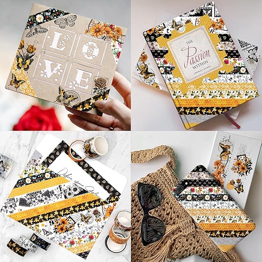 KOVANO Washi Tape Set 14 Rolls, Vintage Bee Floral Butterfly Botanical Washi Tape, Yellow Black Decorative Tapes for Scrapbooking Supplies, Junk Journal, Bullet Journaling, Art Crafts
