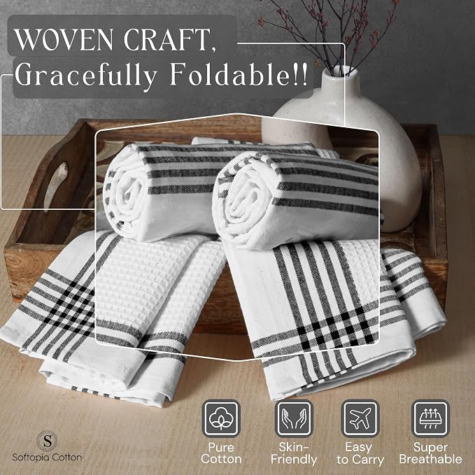 Waffle White & Black 4 Pack Kitchen Dish Towels, 100% Cotton, 16x26 inches, Wash Rags for Drying Dishes, Highly Absorbent, Long Lasting Hand Towels Set for Daily Cooking & Cleaning