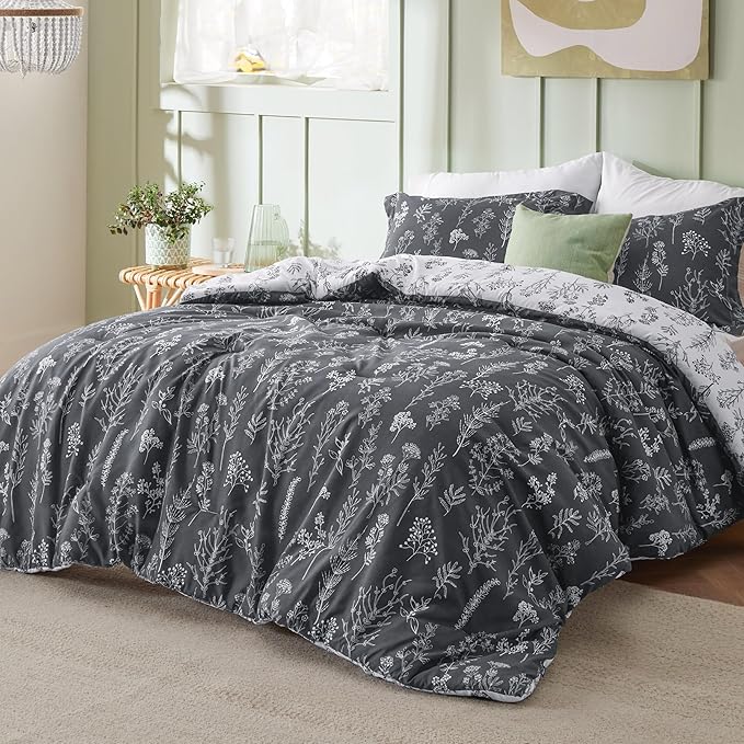 Bedsure Twin/Twin XL Comforter Set - Dark Grey Bed Set, 2 Pieces Cute Floral Bedding, 1 Soft Reversible Botanical Flowers Comforter and 1 Pillow Sham