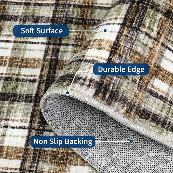 Washable Runners for Hallways 2x10 Rug Modern Bathroom Rugs Non Slip Kitchen Rugs Farmhouse Low Pile Entryway Rug Soft Stain Resistant Carpet for Laundry Hallway Bedside, 2'x10' Celadon&Coffee