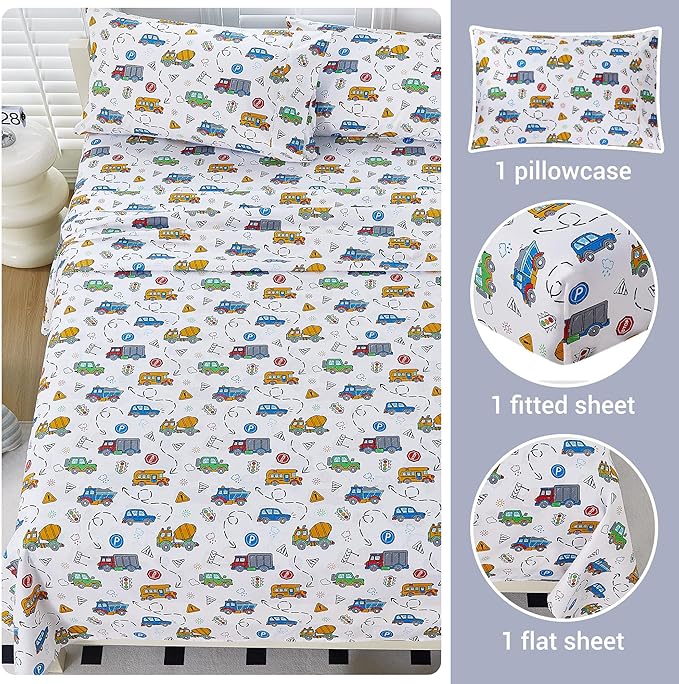 Viviland 3 Pieces Boys White Twin Sheet Set - Soft Microfiber Fitted Flat Sheets & Pillowcase - White Cars Traffic Lights Print Bedding Sets - for Kids & Toddlers