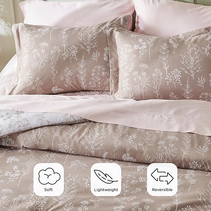 Bedsure Duvet Cover King Size - Reversible Light Taupe King Duvet Cover Set with Zipper Closure, 3 Pieces Floral Patterned Bedding Set with 8 Corner Ties and 2 Pillow Shams