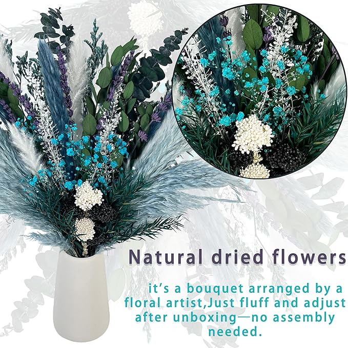Natural Dried Flower Bouquet, 17” Blue Pampas and Eucalyptus Arrangement with Lavender and Turquoise Accents, Rustic Boho Floral Decor for Living Room, Bedroom, or Gift