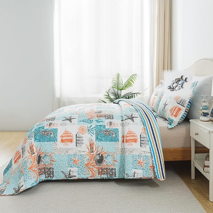HoneiLife King Quilt Bedding Set - 3 Pieces Coastal Quilt Sets Beach Bedspreads Ocean Coverlets Lightweight Bed Cover Summer Quilts King Size