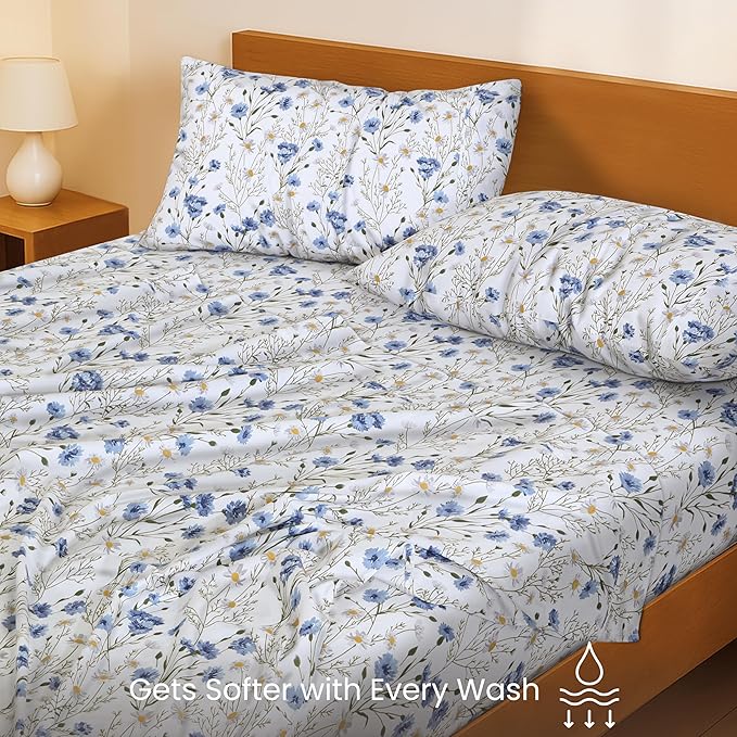 RUVANTI 100% Cotton Twin XL Sheet Sets, 3 Pieces, Soft & Breathable Percale Weave Bedding, Deep Pocket 16", Hotel Standard, Crisp Cool Feel, Durable, Perfect Size Floral Sheets, Sweet Pea