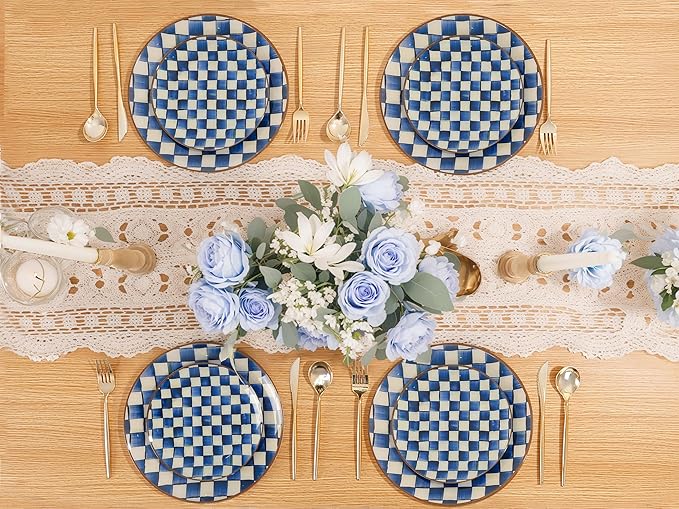 U-QE 20PCS Blue Plastic Plates for Party - Retro Checkered Plates Disposable Heavy Duty - Blue and White Plate for Party, Birthdays - 10 10.25 Inch Dinner and 10 7.5 Inch Dessert Plate