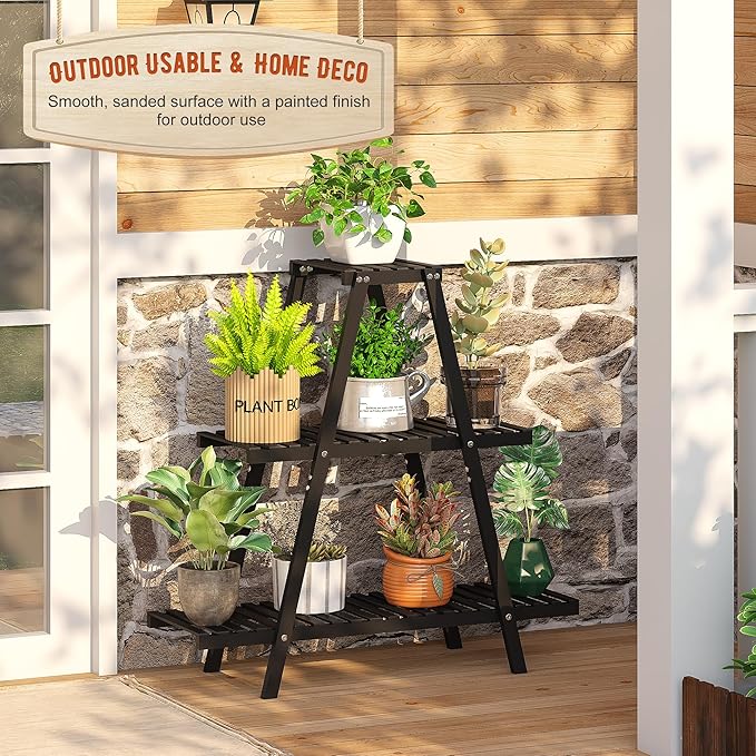 GHWIE Plant Stand Indoor Plant Shelf Outdoor bamboo Plant Rack, 3 Tiers Ladder Plant Holder Flower Stand for Living Room Balcony Garden Patio,Living Room Boho Home Decor for Gardening Gifts (Black)
