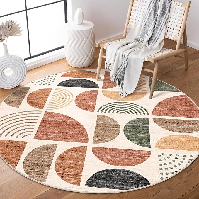 MUJOO Round Rug 4ft,Small Circle Area Rug Washable,Circular Rugs for Entryway Bedroom Kitchen,Boho Non Slip Throw Floor Carpet Modern Abstract Bohemian Terracotta
