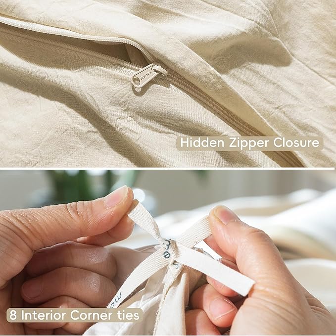 MooMee Bedding Duvet Cover Set 100% Washed Cotton Linen Like Textured Breathable Durable Soft Comfy (Heathered Almond Milk Grey, Super King 108"x98")