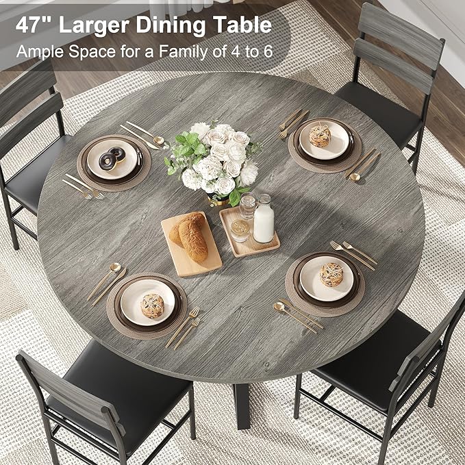 knoworld 47" Round Dining Table for 4, Kitchen Tables Dining Room Circle Dinner Table with Pedestal Metal Frame, Space Saving Wood Industrial Kitchen & Dining Room Tables, Dark Grey 47In