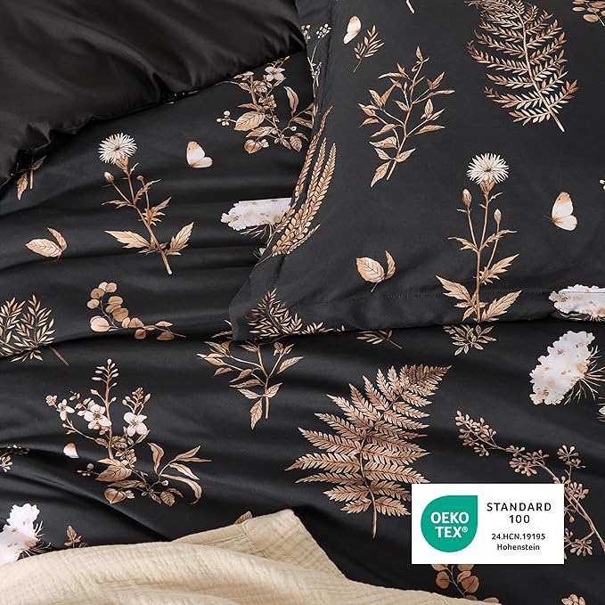 Bedsure Comforter Set Queen Size - Floral Bedding Comforter Set, 3 Pieces, 1 Soft Black Comforter and 2 Pillow Shams