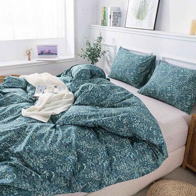 EAVD Botanical Floral Duvet Cover Full Blue Soft Cotton Garden Floral Bedding Set with 2 Pillowcases Vintage Style Botanical Full Duvet Cover with Zipper Closure