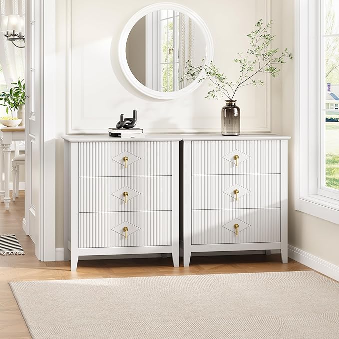 GarveeHome 2Pcs Wood Nightstand Fluted Dresser for Bedroom, 27.5" Wide 3-Drawer Bedside Tables, Modern Chest of Drawers, Storage End Table Living Room, Hallway, Entryway, White