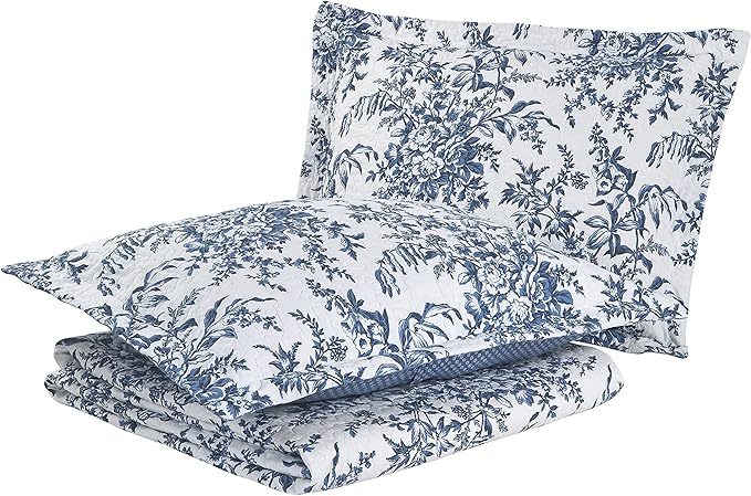 Laura Ashley - Twin Quilt Set, Reversible Cotton Bedding with Matching Sham, Medium-Weight for Year Round Use, Dorm Essentials (Bedford Delft Blue)