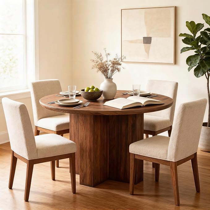 RedLemon Round Dining Table for 4 People, 47" Modern Wood Kitchen Table with Thick Stable Cross Pedestal Base & Curved Edge, Round Dinner Table for Dining Room, Kitchen (Rustic Walnut)