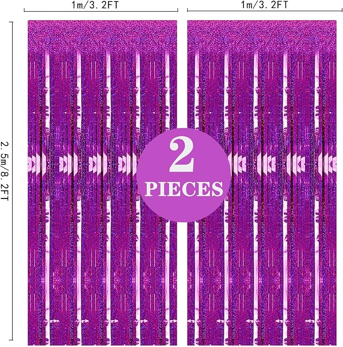 2 Pack 3.2ft x 8.2ft Hot Pink Metallic Tinsel Foil Fringe Curtains, Photo Booth Backdrop Door Curtains Party Streamers for Wedding Birthday Baby Shower Bachelorette Holiday Party Decorations