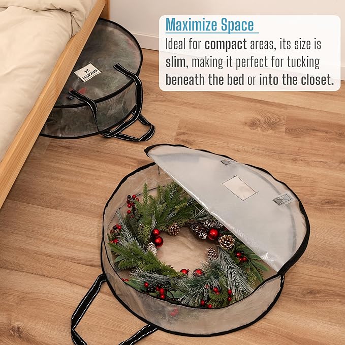 VENO 2 Pack Christmas Wreath Storage Container - 24 Inch Clear Wreath Bag, Christmas Garland and Holiday Decoration Organizers with Zipper and Durable Handles (Clear, 24"-2 Pack)