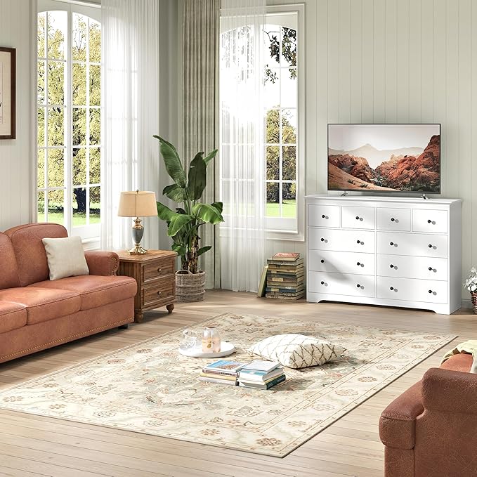 White Dresser for Bedroom，55" Wide 10 Drawers Dressers,Modern Wooden Chest for Living Room, Hallway