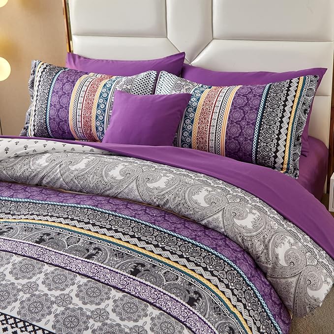 Cottolester Boho Comforter Set Queen Size,8 Piece Bed in a Bag Bohemian Striped Bedding Quilt Set,Purple Paisley Floral Comforter and Sheet Set,Soft Microfiber Complete Bedding Sets for All Season