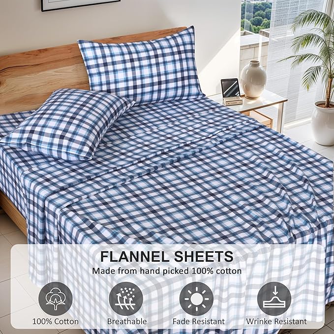 RUVANTI Flannel Sheets Twin XL Size - 100% Cotton Double Brushed Twin XL Sheet Sets, Deep Pockets 16 Inches, All Seasons Breathable & Extra Soft Bed Sheets, Warm & Cozy, 3 Piece, Gingham Addition