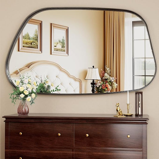 Irregular Wall Mirror 55"x28" Bathroom Mirrors Asymmetrical Artistic Decorative for Living Room Bedroom Bathroom Hallway Entryway,Trapezoid,Black