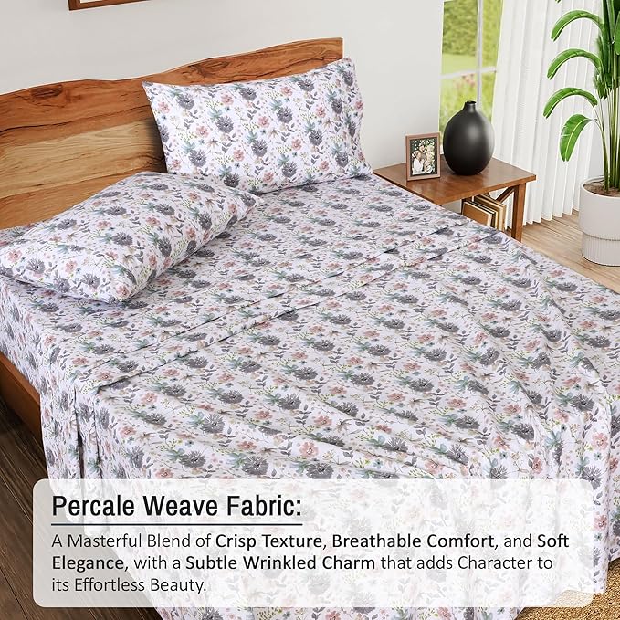 RUVANTI 100% Cotton Sheets Queen Size Set, 4 Pieces, Soft & Breathable Percale Weave Bedding, Deep Pocket 16", Hotel Standard, Crisp Cool Feeling, Durable, Perfect Floral Bed Sheet, Dandelion Field
