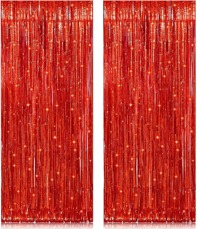 2 Pack 3.2ft x 8.2ft Red Foil Fringe Curtain, Glitter Metallic Tinsel Foil Fringe Curtains Photo Booth Backdrop Tinsel Door Curtains for Wedding Bridal Shower Bachelorette Christmas Party Decorations