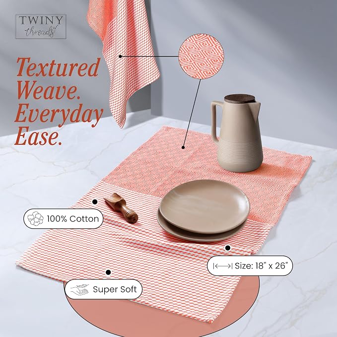 TWINY threads Dish Towel Diamond Weave, 4 Pack, Premium 100% Cotton Kitchen Linen Set, Large Dish Rags and Wash Rags, Absorbent Quick Drying, Machine Washable Dishcloth Set, 18"x26", Orange