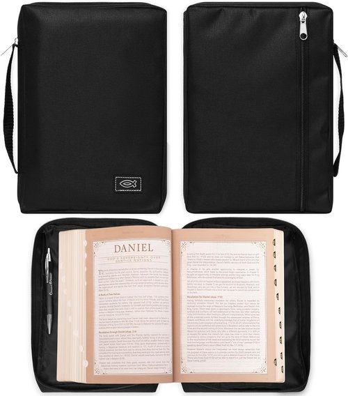 Christian Art Gifts Bible Cover - Jesus Fish Design, Black Canvas, Small Size
