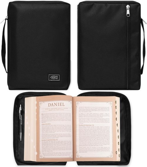 Christian Art Gifts Bible Cover - Jesus Fish Design, Black Canvas, Small Size