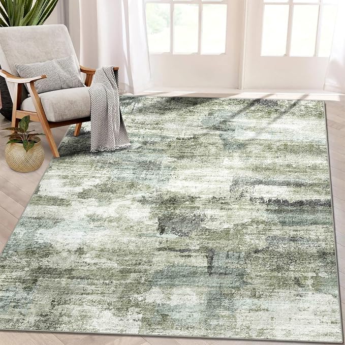 4x6 Rug, Small Area Rug for Living Room, Bedroom, Kitchen, Machine Washable Non-Slip Throw Rug, Modern Abstract Carpet for Entryway Nursery Coffee Table, Green