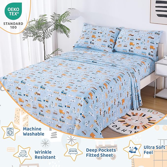 Viviland 4 Pieces Boys Blue Truck Full Sheet Set - Soft Microfiber Fitted Flat Sheets & Pillowcases - Construction Truck Bedding Sets - for Kids & Toddlers