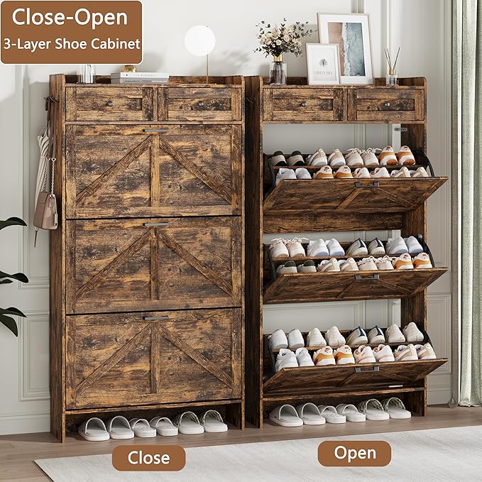 Shoe Cabinet with 3 Flip Drawers & 2 Top Drawers, 57" Tall Freestanding Narrow Wooden Shoe Storage Organizer for Entryway, Hidden Slim Shoe Rack for Front Door Entrance, Hallway, Living Room, Brown