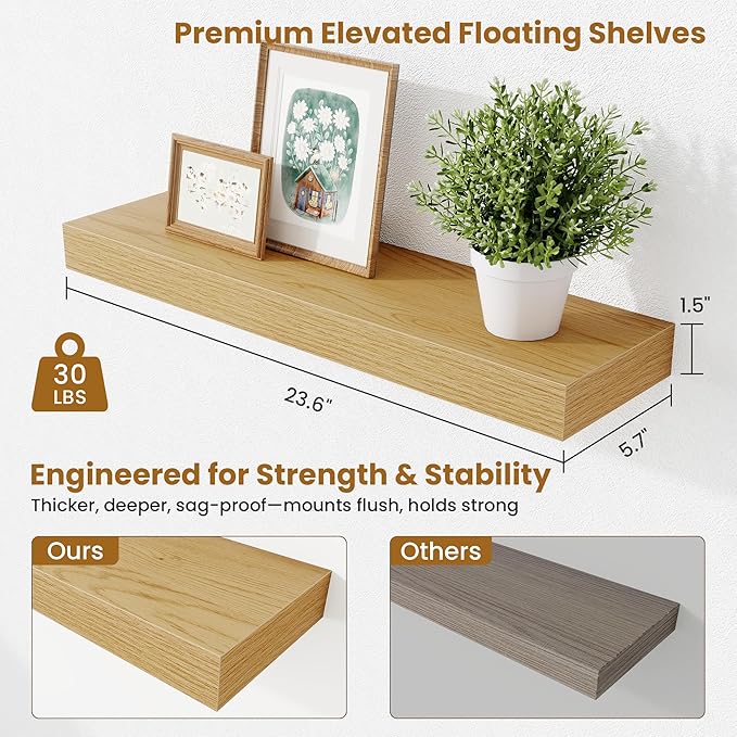 Fun Memories Floating Shelves Set of 2, 24 Inch Floating Shelves for Wall, Wood Wall Shelves with Invisible Brackets, for Bathroom, Bedroom, Living Room, Kitchen, Oak