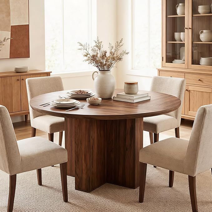 RedLemon Round Dining Table for 4 People, 47" Modern Wood Kitchen Table with Thick Stable Cross Pedestal Base & Curved Edge, Round Dinner Table for Dining Room, Kitchen (Rustic Walnut)