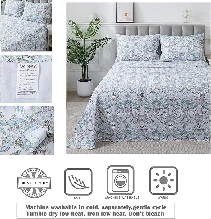 FADFAY Blue Paisley Sheets Set Cal King Boho Paisley Bedding Bohemian Damask Paisley Bed Sheet Breathable 100% Egyptian Cotton 800 Thread Count Deep Pocket Fitted Sheet 4Pcs, California King Size