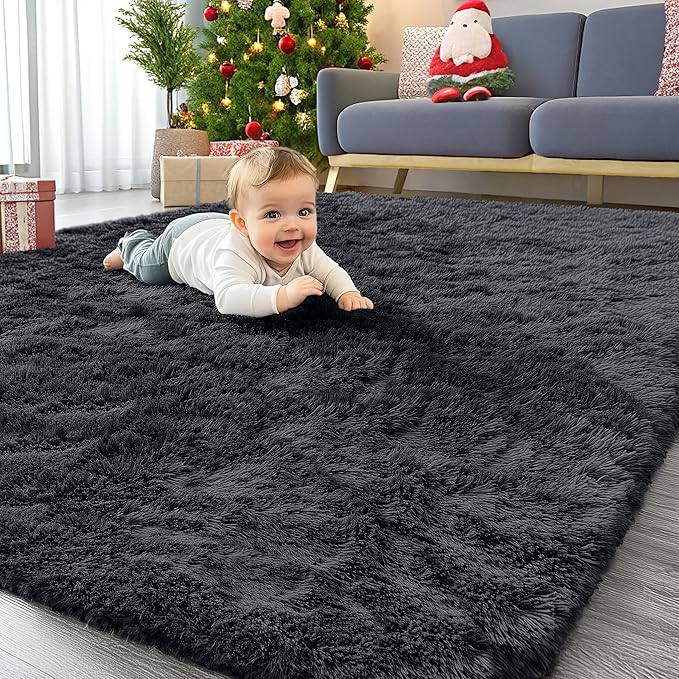 OLANLY 4x7 Area Rugs for Living Room Bedroom, Machine Washable Soft Fluffy Shaggy Bedside Rug, Indoor Floor Carpet for Kids Girls and Boys, Dorms, Nursery Rooms, Home Decor Aesthetic, Black
