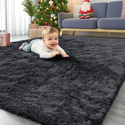OLANLY 4x7 Area Rugs for Living Room Bedroom, Machine Washable Soft Fluffy Shaggy Bedside Rug, Indoor Floor Carpet for Kids Girls and Boys, Dorms, Nursery Rooms, Home Decor Aesthetic, Black