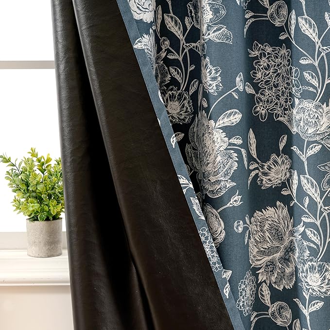 Pattern Blackout Curtains Blue Peony Print - Vintage Curtains for Bedroom Living Room, Floral Blackout Curtains Cotton Blend, Light Blocking Patterned Curtains, 52" W x 84" L