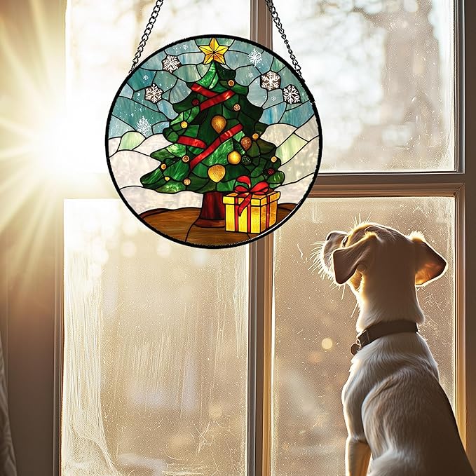Stained Glass Window Hanging Green Christmas Tree Snowflake 9.8" - Suncatcher Door Garden Sun Catcher Xmas Holiday Decor Birthday for Mom Men Woman Friend Nana