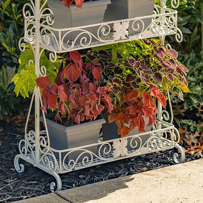Zaer Ltd. Two Tier Rectangular Ornate Metal Plant Stand (Antique White)