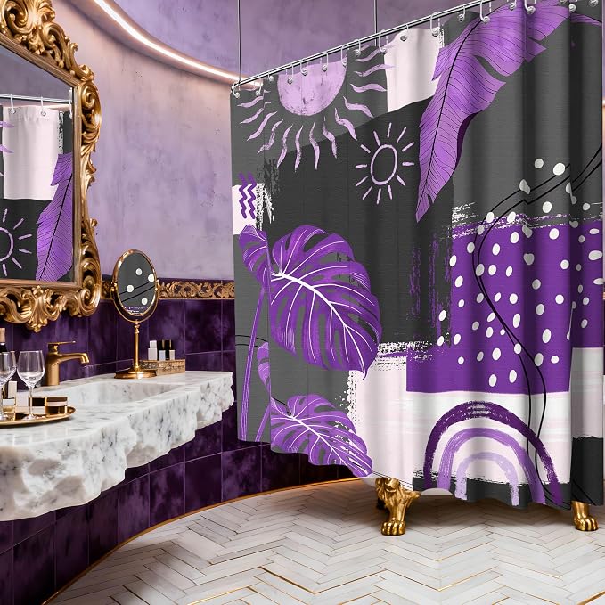 Extra Long Shower Curtain Extra Tall Purple and Gray Dark Purple and Grey XL Boho Shower Curtains for Large Bathroom Decor Sets, Waterproof Cloth Fabric with Hooks, 108x72 Inch