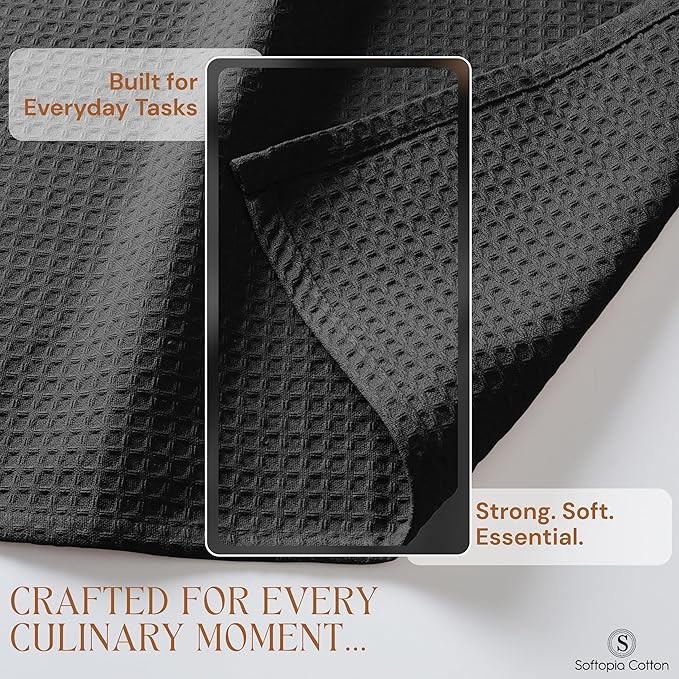 Black Waffle Kitchen Dish Towels 100% Cotton, Soft, Absorbent, Quick Drying, Multipurpose Use, Bar & Tea Towels, 16x26 Inches, Durable, Machine Washable, Reusable, Set of 12