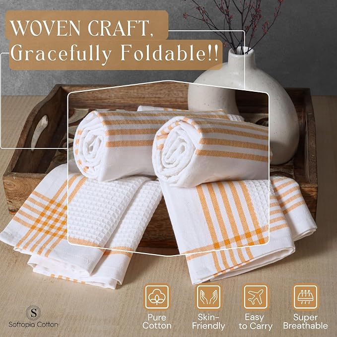 Waffle White & Mustard Yellow Set of 12 Kitchen Towels, 100% Cotton, 16x26 inches, Soft and Durable Dish Towel, Quick Dry Dishcloths, Ideal for Drying Dishes, Cleaning, Wiping