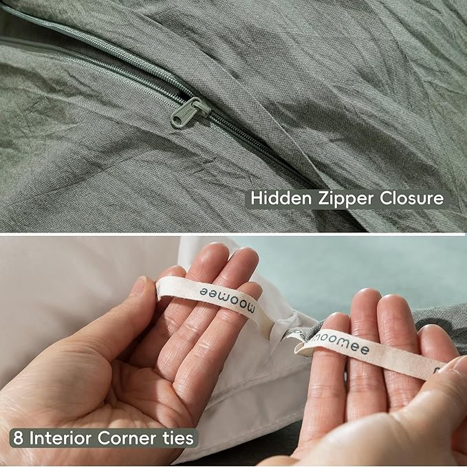 MooMee Bedding Duvet Cover Set 100% Washed Cotton Linen Like Textured Breathable Durable Soft Comfy (Heathered Green, Super Queen 90"x98")