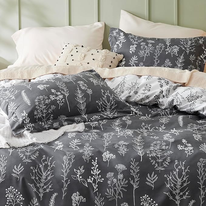 Bedsure Duvet Cover Queen Size - Reversible Dark Grey Queen Duvet Cover Set with Zipper Closure, 3 Pieces Floral Patterned Bedding Set with 8 Corner Ties and 2 Pillow Shams