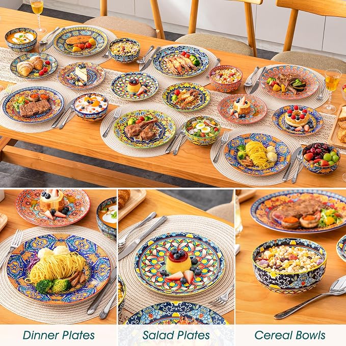 vancasso 18-Piece Dinnerware Sets,Ceramic Plates and Bowls Sets Service for 6, Bohemian Style Porcelain Dishes Set for 6, Microwave and Dishwasher Safe, Scratch Resistant,Non Toxic, Series KRVI
